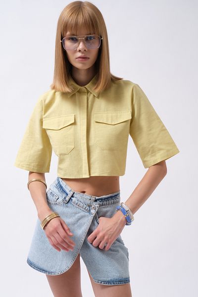 Black Fashion Cămașă galbenă din in, cu jumătate de mânecă, cu detaliu de buzunar