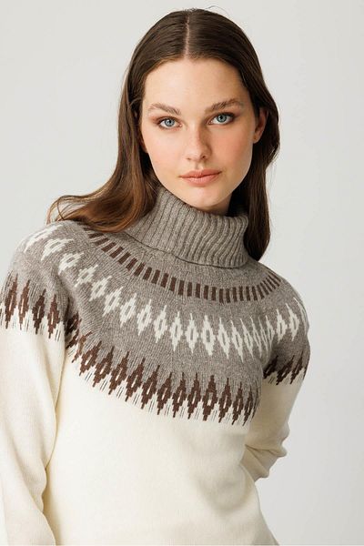 Desen Triko Women's Full Turtleneck Robe Baklava Wool Sweater Bone