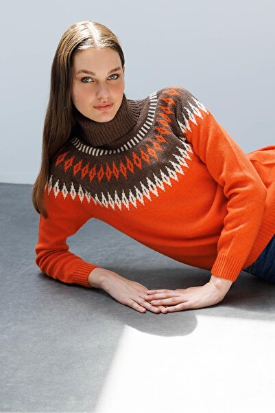 Desen Triko Γυναικείο Πλήρες ζιβάγκο Ρόμπα Μπακλαβάλ Μάλλινο Πουλόβερ Πορτοκαλί