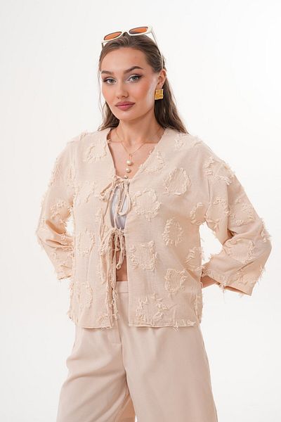 Laressi Jacquard Linen Kimono Shirt with Front Lace-Up