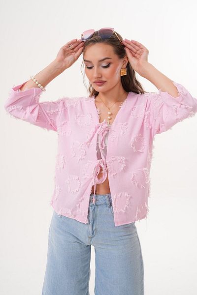 Laressi Jacquard Linen Kimono Shirt with Front Lace-Up