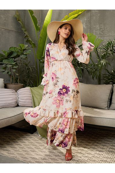 Sassafras By Styli Floral Print V-Neck Flared Maxi Dress