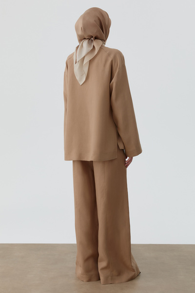 Tuğba Kesik Detaylı Bol Paça Pantolon - Vizon