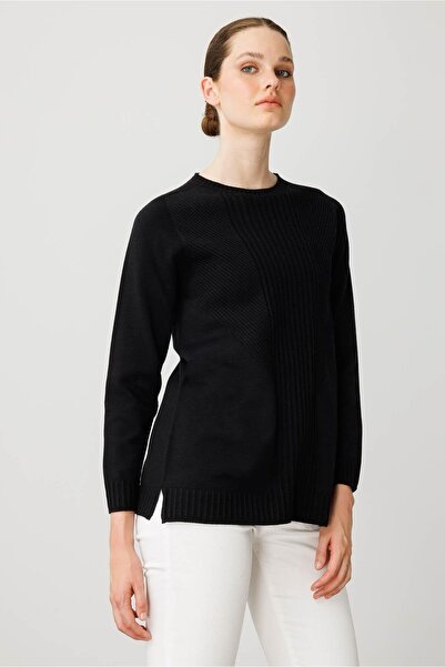 Desen Triko Women's Crew Neck Front Striped Knit Sweater Black