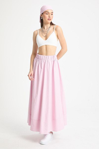 minaaise Pink Striped Unlined Poplin Long Skirt with Elastic Waist 29277
