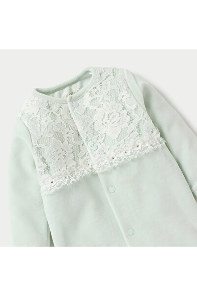 giggles Lace Detail Closed Feet Velour Sleepsuit with Long Sleeves and Button Closure