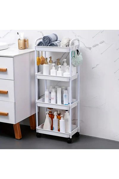 Dexia Etajera mobila cu 4 rafturi si carlige, cu roti 360°, multifunctionala, 43x30x107 cm, alb