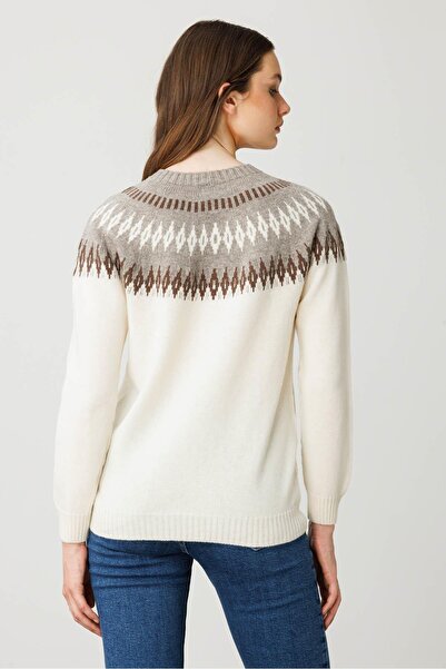 Desen Triko Women's Crew Neck Robe Diamond Wool Sweater Bone