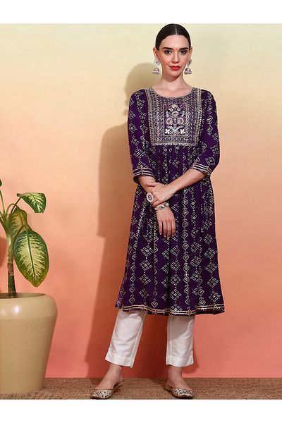 DW By Styli Printed Round Neck Embroidered A-Line Kurta