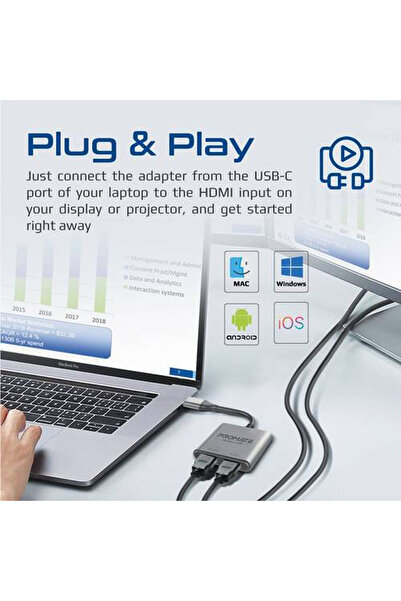 Promate 4K Ultra HD USB-C to Dual HDMI® Adapter Compatible with Dual Displays