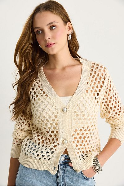 Bianco Lucci Women's V-Neck Openwork Knitwear Cardigan 20255003
