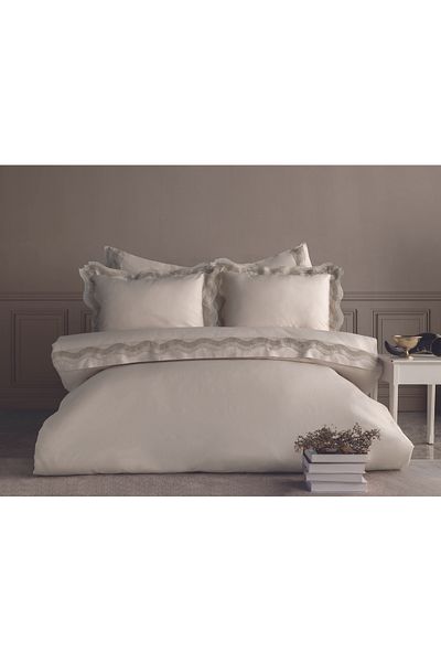 Dantela Alezya Cotton Satin Double Laced Duvet Cover Set - Beige