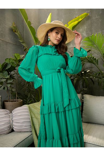 Sassafras By Styli Ruffled Detail Waist Tie-Up Tiered Maxi Dress