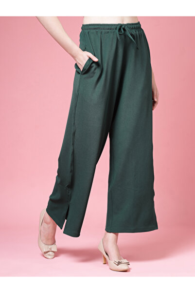 PAUSE By Styli Women Green Solid Drawstring Waist Wide Leg Pants