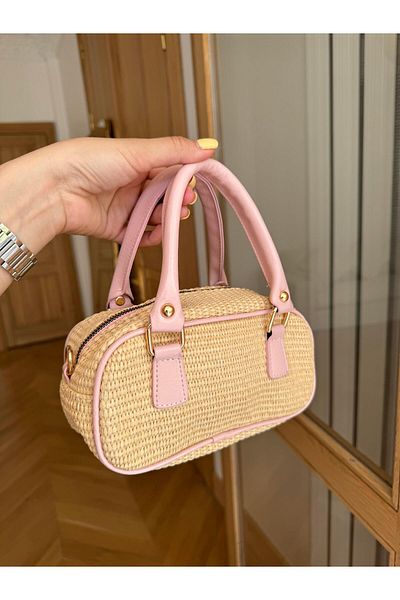 Tina İstanbul Straw Bag with Bag Accessories Pink