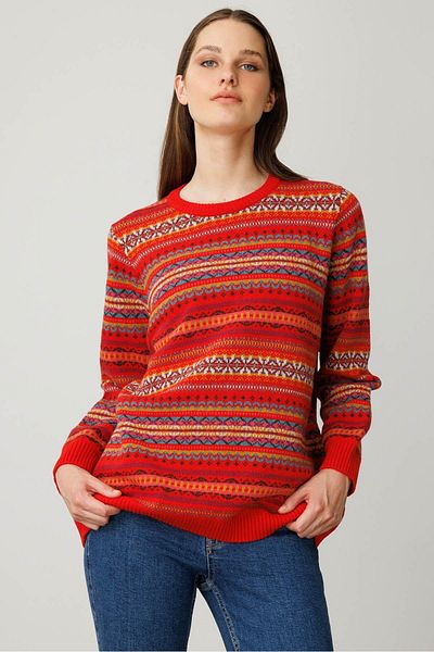 Desen Triko Women's Crew Neck Complete Jacquard Wool Sweater Coral