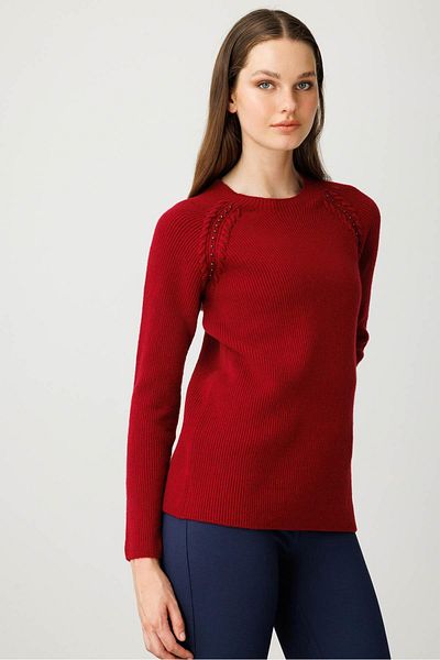 Desen Triko Women's Crew Neck Beaded Wool Sweater V.Rot