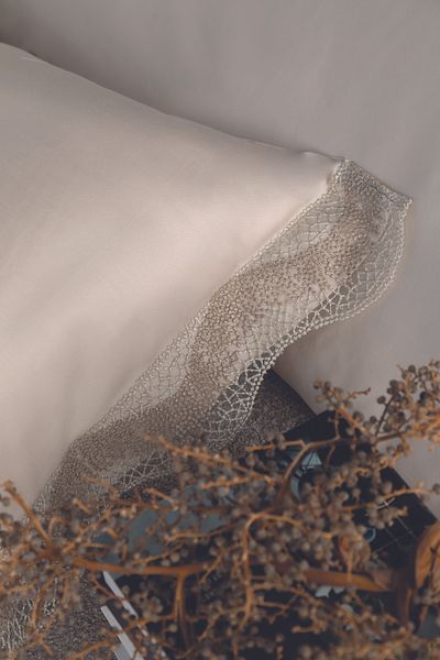 Dantela Alezya Cotton Satin Double Laced Duvet Cover Set - Beige
