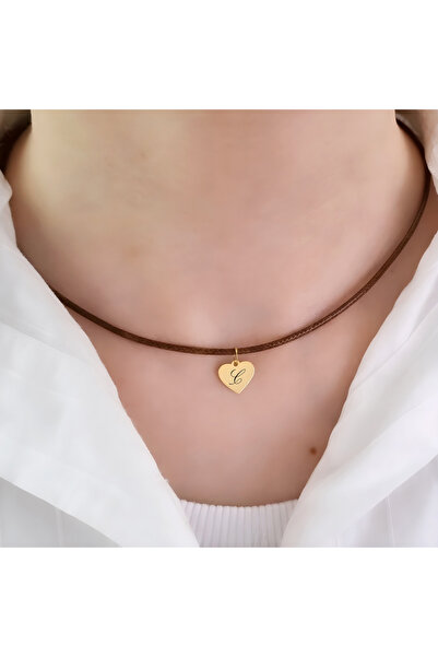 ARCHINO GOLD 14 Ayar Plakalı Altın C Harfine Özel Kahverengi Derili Kalp Figü...