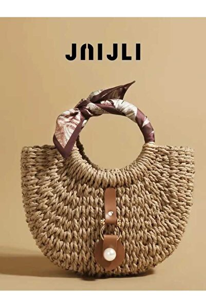 HASIR ÇANTA Vintage Pearl Detail Brown French Style Basket Hand Bag Boho Chic Textured Straw Women's Handbag