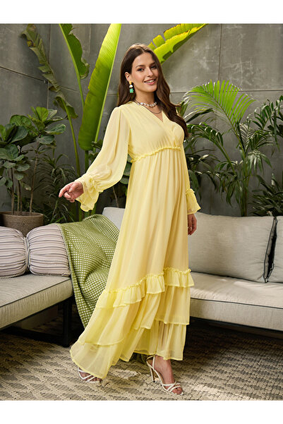 Sassafras By Styli Pleated Ruffled Detail V-Neck Flared Maxi Dress