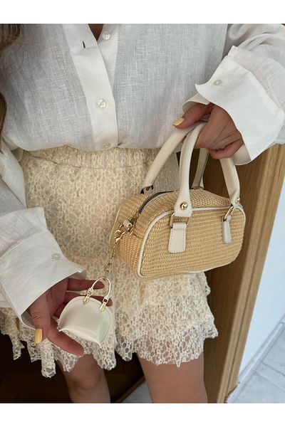 Tina İstanbul Straw Bag Cream with Bag Accessories