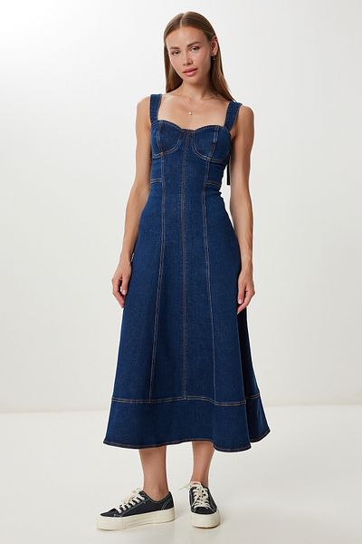 Lovelyİstanbul Thick Strap Midi Denim Dress Lfg0037 Dark Blue