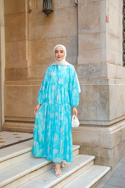 LOCCO Rochie de damă cu model floral abstract albastru deschis