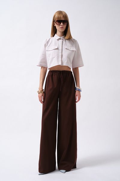 Black Fashion Cămașă crop gri din in cu jumătate de mânecă cu detaliu de buzunar