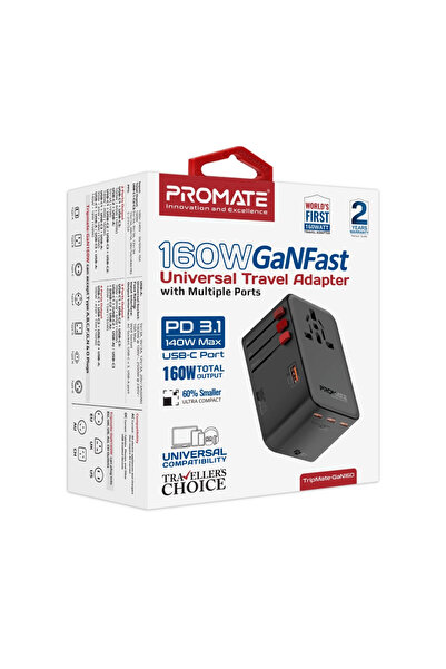 Promate 160W Travel Adapter with 2500W Universal AC Socket, GaNFast™ Technology