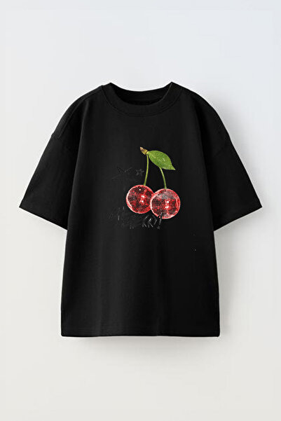 Anetos تي شيرت أسود كبير الحجم من القطن مطبوع من الأمام من Ch Cherry