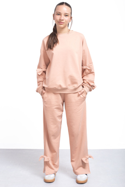 Cansın Mini Μπεζ σχιστό φιόγκο με λεπτομέρεια για κορίτσια 2 τεμαχίων αθλητική φόρμα 21214