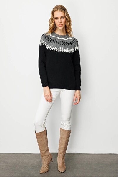 Desen Triko Women's Crew Neck Robe Diamond Wool Sweater Black