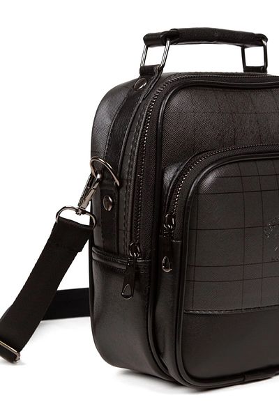 Newish Men's Plaid Gray Leather Daily Shoulder and Hand Bag with Adjustable Cross Shoulder Strap New058