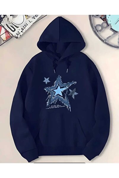 caddekombin Hanorac Star Denim cu glugă imprimat, cu buzunar, cu interior din lână, culoare bleumarin