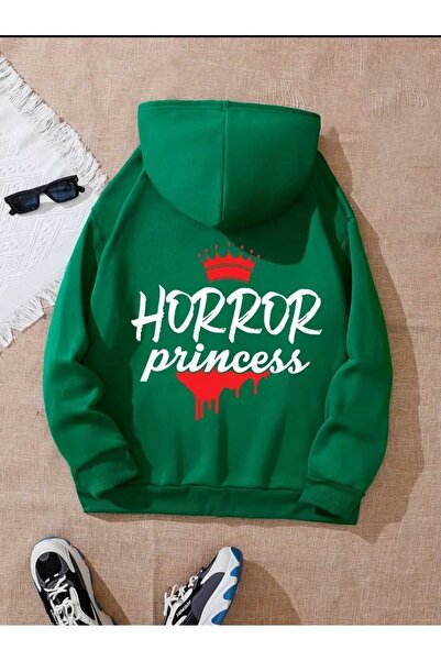 caddekombin Πράσινο φούτερ από βαμβάκι με κουκούλα και τσέπη με στάμπα Horror...