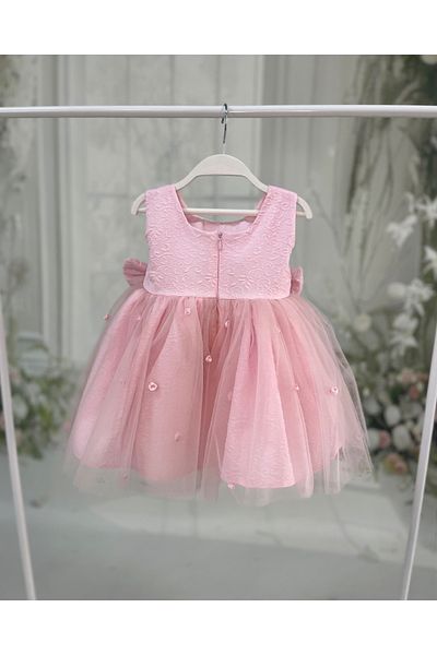 Bertuğ Bebek Rochie de seară din tul roz brocart Dream cu fundă cu detalii de trandafir