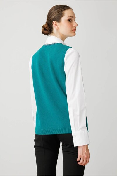 Desen Triko Women's Crew Neck Pocket and Collar Color Crocheted Wool Sweater Early Bc