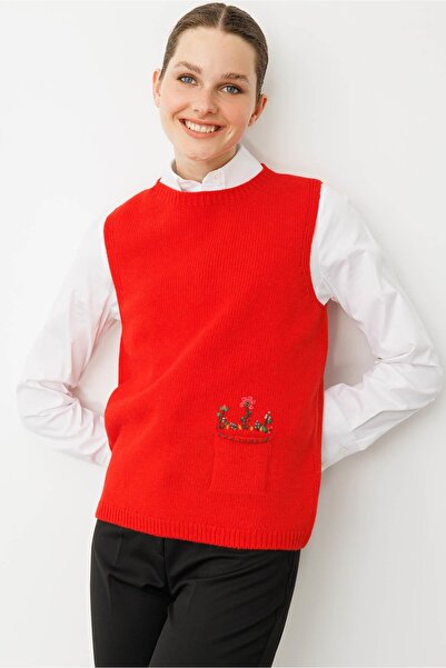 Desen Triko Women's Crew Neck Pocket Top Floral Embroidery Wool Sweater Coral