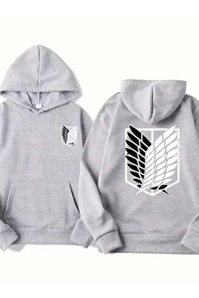 caddekombin AOT Keşif Birliği Arka Göğüs Baskılı Kapüşonlu Cepli İçi Yünlü Gri Sweatshirt