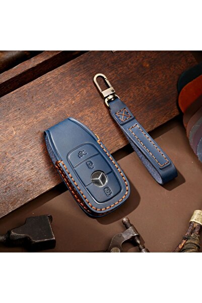 Nabi Market Husă de protecție pentru chei din piele premium, albastră, compatibilă cu Mercedes-Benz cu 3 butoane