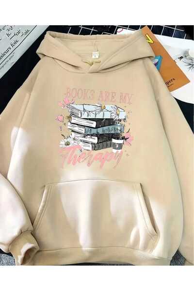caddekombin Hanorac cu glugă imprimat Book Therapy, cu buzunar, cu interior d...