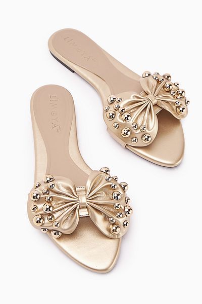 Limoya Dotty Gold Puffy Studded Bow Women's Slippers