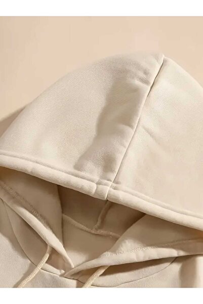 caddekombin Hanorac cu glugă LA Rock The World cu imprimeu pe spate, cu buzunar, cu interior din lână, bej