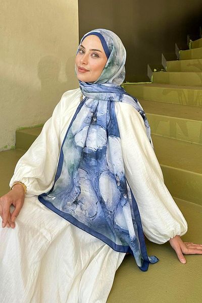 lamelif Model de flori boeme șal moale albastru de noapte