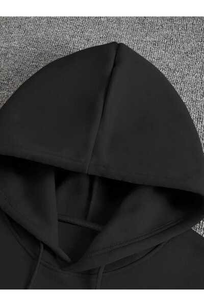 caddekombin Μαύρο φούτερ με κουκούλα με λοξή στάμπα του Λος Άντζελες, με μάλλινη επένδυση εσωτερικά