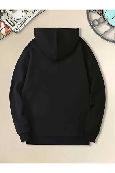 caddekombin Μαύρο φούτερ με μονόχρωμη εκτύπωση, με κουκούλα, τσέπη και επένδυση από μαλλί