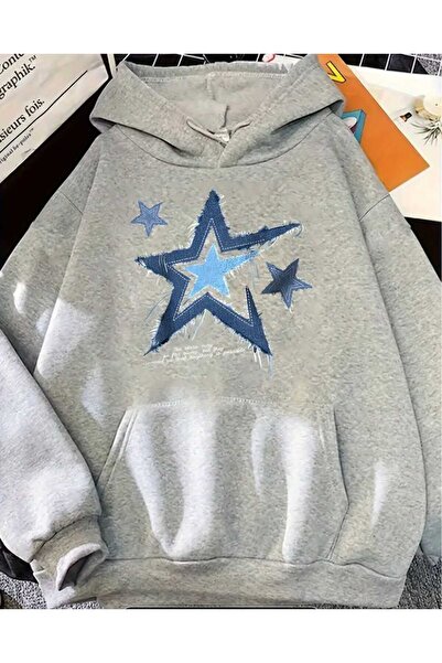 caddekombin Star Denim Hoodie Printed Hooded Pocket Gray Sweatshirt with Wool Inside