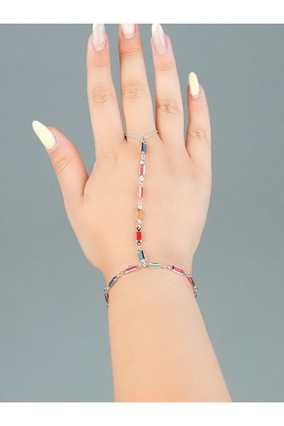 Sumen Butik Y Model Colored Stone Silver and Gold Color Steel Chain Shahmaran