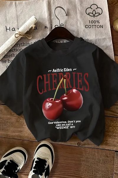 COOL TARZ Tricou negru cu imprimeu de cireșe pentru femei